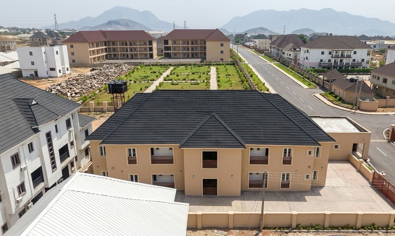 Aerial view — completed block with Aso Rock backdrop