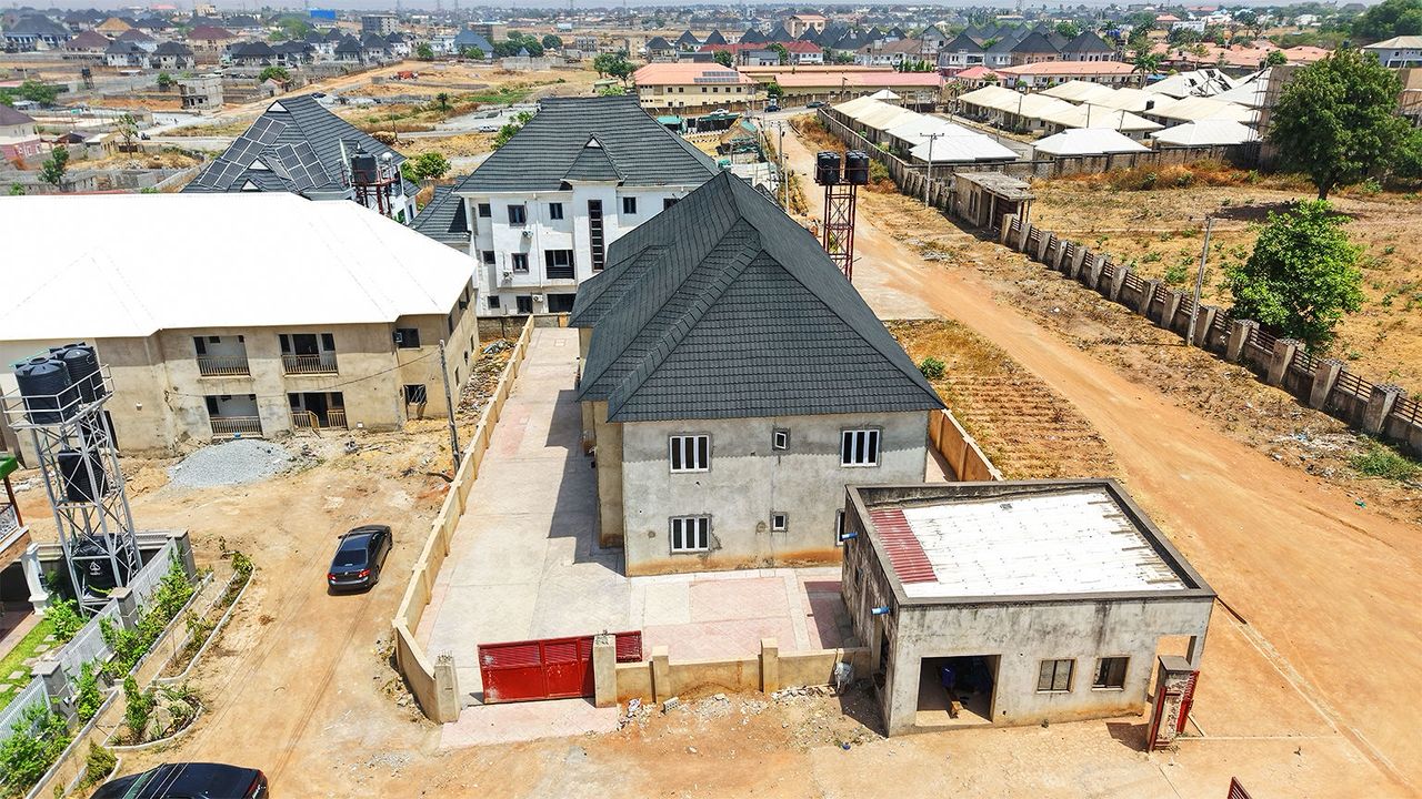 Building with balcony railings