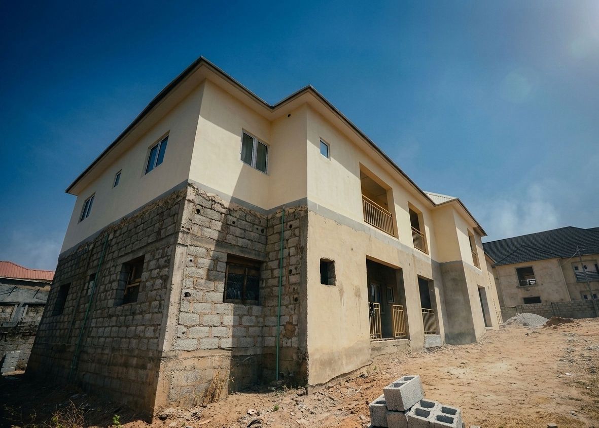 Aerial — painted building with Abuja hills